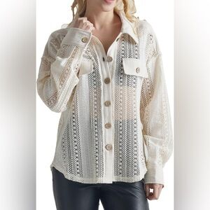 New In Boho Boutique Crochet Lace Long Sleeve Button Down Shacket Top Natural L